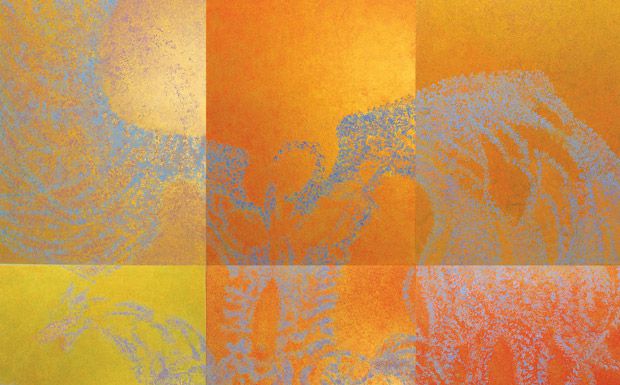Abstract artwork with vibrant orange and yellow hues, featuring intricate blue and purple patterns and textures.