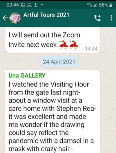 WhatsApp messages about a virtual art tour and a care home visit performance, dated April 24, 2021.