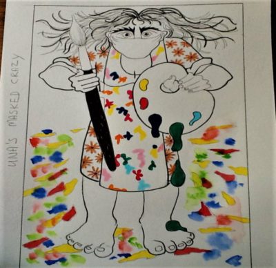 Colorful abstract drawing of a figure with wild hair, holding a paintbrush and palette, surrounded by splashes of color.