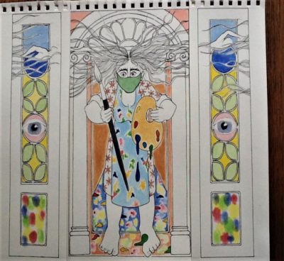 Surreal art: masked figure with brush and palette, colorful stained-glass windows, surreal eyes and hands.
